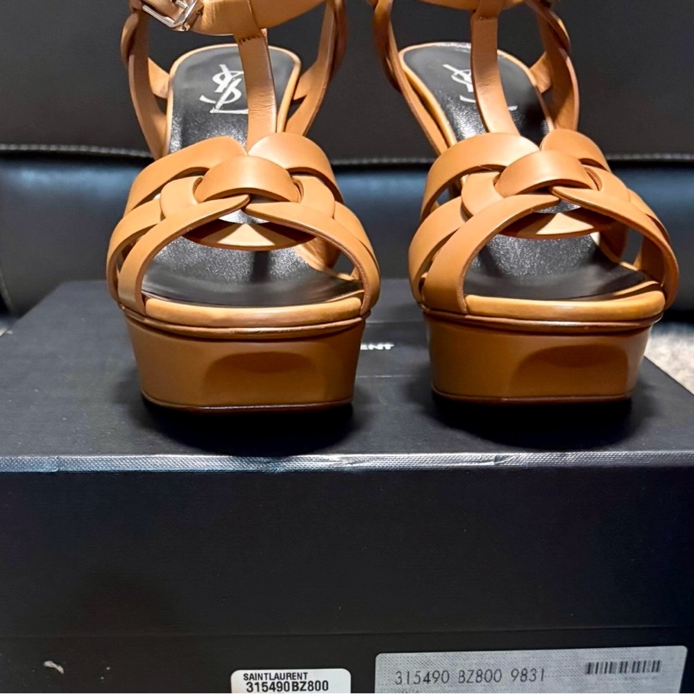Saint Laurent Tan Leather T-Strap Platform Heels - Picture 5 of 11